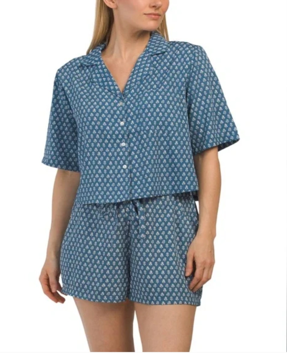 Haute Hippie Blue White Crop Top & Short Digital Print Pajama Set Size Medium M